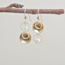 Load image into Gallery viewer, Asymetric dangle earrings in sterling silver and 14K gold fill with cultured pearl dangles. (E649)
