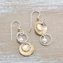 Load image into Gallery viewer, Asymetric dangle earrings in sterling silver and 14K gold fill with cultured pearl dangles.

