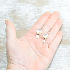 Dangle earrings in sterling silver and 14K gold fill with cultured pearl dangles. (E650)