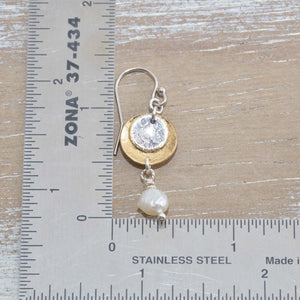 Dangle earrings in sterling silver and 14K gold fill with cultured pearl dangles. (E650)