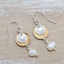Load image into Gallery viewer, Dangle earrings in sterling silver and 14K gold fill with cultured pearl dangles.
