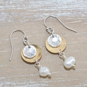 Dangle earrings in sterling silver and 14K gold fill with cultured pearl dangles.