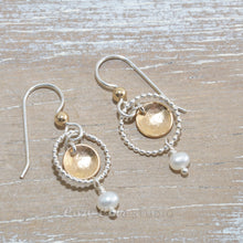 Load image into Gallery viewer, Dangle earrings in sterling silver and 14k gold fill with cultured pearls.
