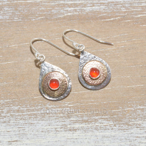 Dangle earrings in hand crafted settings of sterling silver and 14K gold fill.