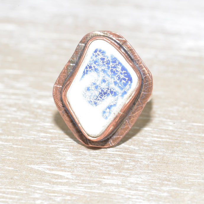 Vintage sea pottery ring in a hand crafted setting of copper and sterling silver. (R667)