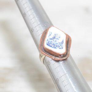Vintage sea pottery ring in a hand crafted setting of copper and sterling silver. (R667)