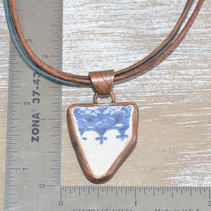 Vintage sea pottery necklace in a hand crafted copper setting with custom leather necklace. (N668)