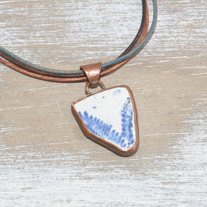 Vintage sea pottery necklace in a hand crafted copper setting with custom leather necklace. (N668)