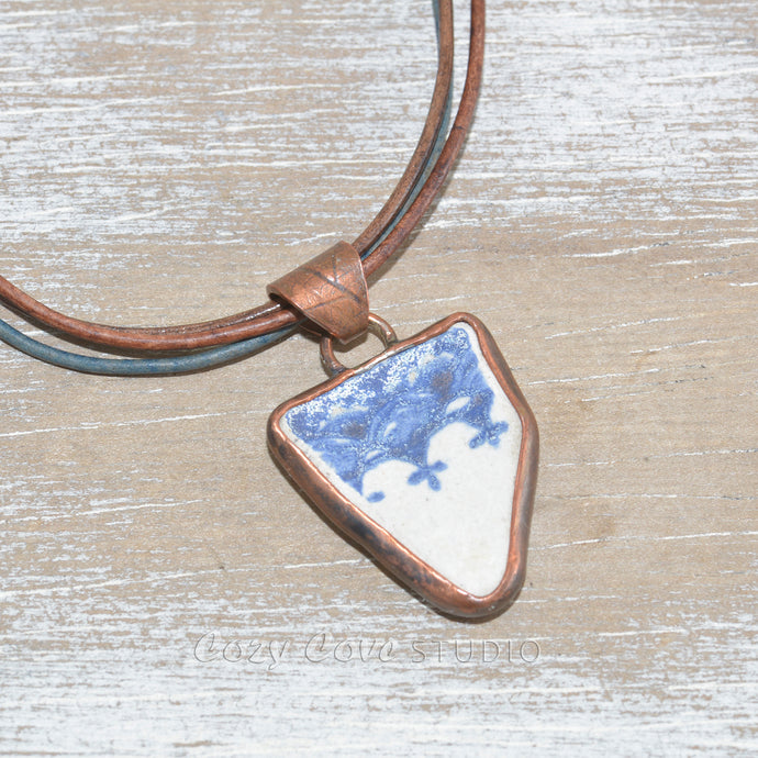 Vintage sea pottery necklace in a hand crafted copper setting with custom leather necklace. (N668)