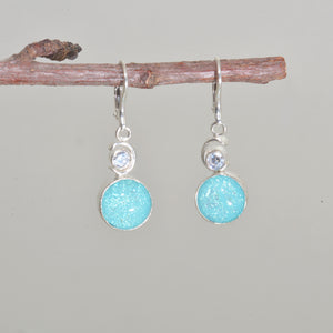 Dichroic glass dangle earrings in hand crafted sterling silver settings. (E672)