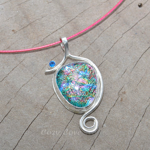 Dichroic glass pendant necklace in a hand crafted setting of sterling silver. (N688)
