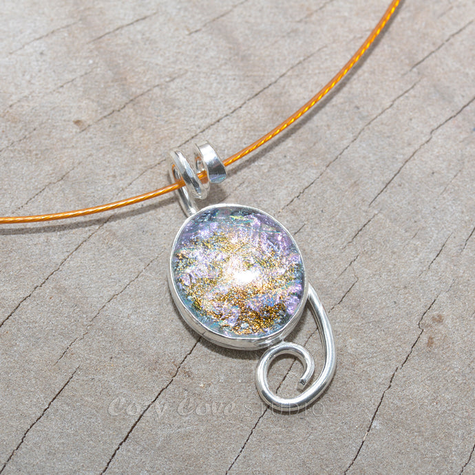 Dichroic glass pendant necklace in a hand crafted setting of sterling silver. (N691)