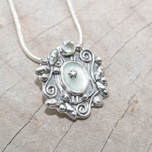 Studded sea glass necklace in a handmade setting of sterling silver (N698)