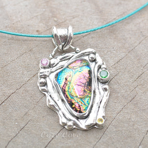 Dichroic glass pendant necklace in a hand crafted setting of sterling silver. (N699)