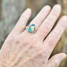 Load image into Gallery viewer, Flashy multi-color dichroic glass ring accented with sparkly cubic zirconias in a hand crafted sterling silver setting. (R707)
