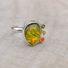 Load image into Gallery viewer, Flashy yellow and green dichroic fused glass ring in a hand crafted setting of sterling silver. (R708)

