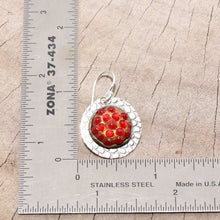Load image into Gallery viewer, Enamel earrings with textured red dots in settings of sterling silver. (E712)
