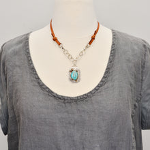 Load image into Gallery viewer, Boho style pendant necklace with turquoise in a hand crafted setting of sterling silver with 14k gold accents and a 14k gold fill bezel. (N723)

