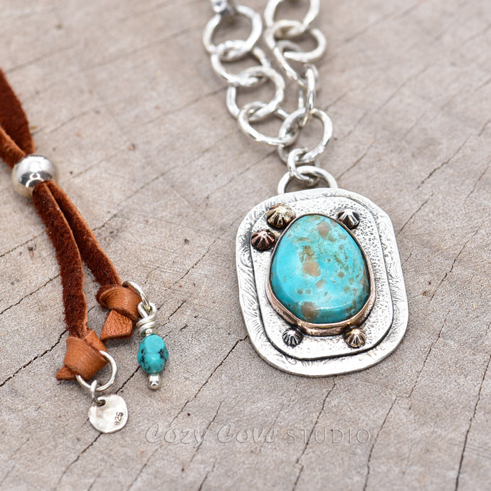 Boho style pendant necklace with turquoise in a hand crafted setting of sterling silver with 14k gold accents and a 14k gold fill bezel. (N723)