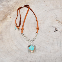 Load image into Gallery viewer, Boho style pendant necklace with turquoise in a hand crafted setting of sterling silver with 14k gold accents and a 14k gold fill bezel. (N723)
