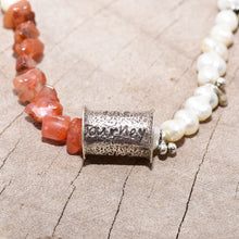 Load image into Gallery viewer, Boho pearl and red agate necklace on adjustable leather cord with handmade focal &quot;Joy is in the Journey&quot; bead .  (N724)
