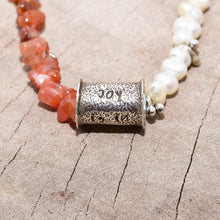 Load image into Gallery viewer, Boho pearl and red agate necklace on adjustable leather cord with handmade focal &quot;Joy is in the Journey&quot; bead .  (N724)
