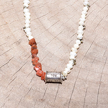 Load image into Gallery viewer, Boho pearl and red agate necklace on adjustable leather cord with handmade focal &quot;Joy is in the Journey&quot; bead .  (N724)
