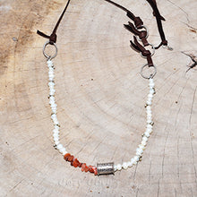 Load image into Gallery viewer, Boho pearl and red agate necklace on adjustable leather cord with handmade focal &quot;Joy is in the Journey&quot; bead .  (N724)
