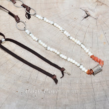 Load image into Gallery viewer, Boho pearl and red agate necklace on adjustable leather cord with handmade focal &quot;Joy is in the Journey&quot; bead .  (N724)
