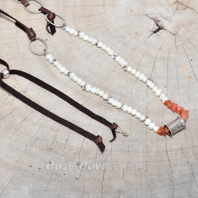 Boho pearl and red agate necklace on adjustable leather cord with handmade focal 