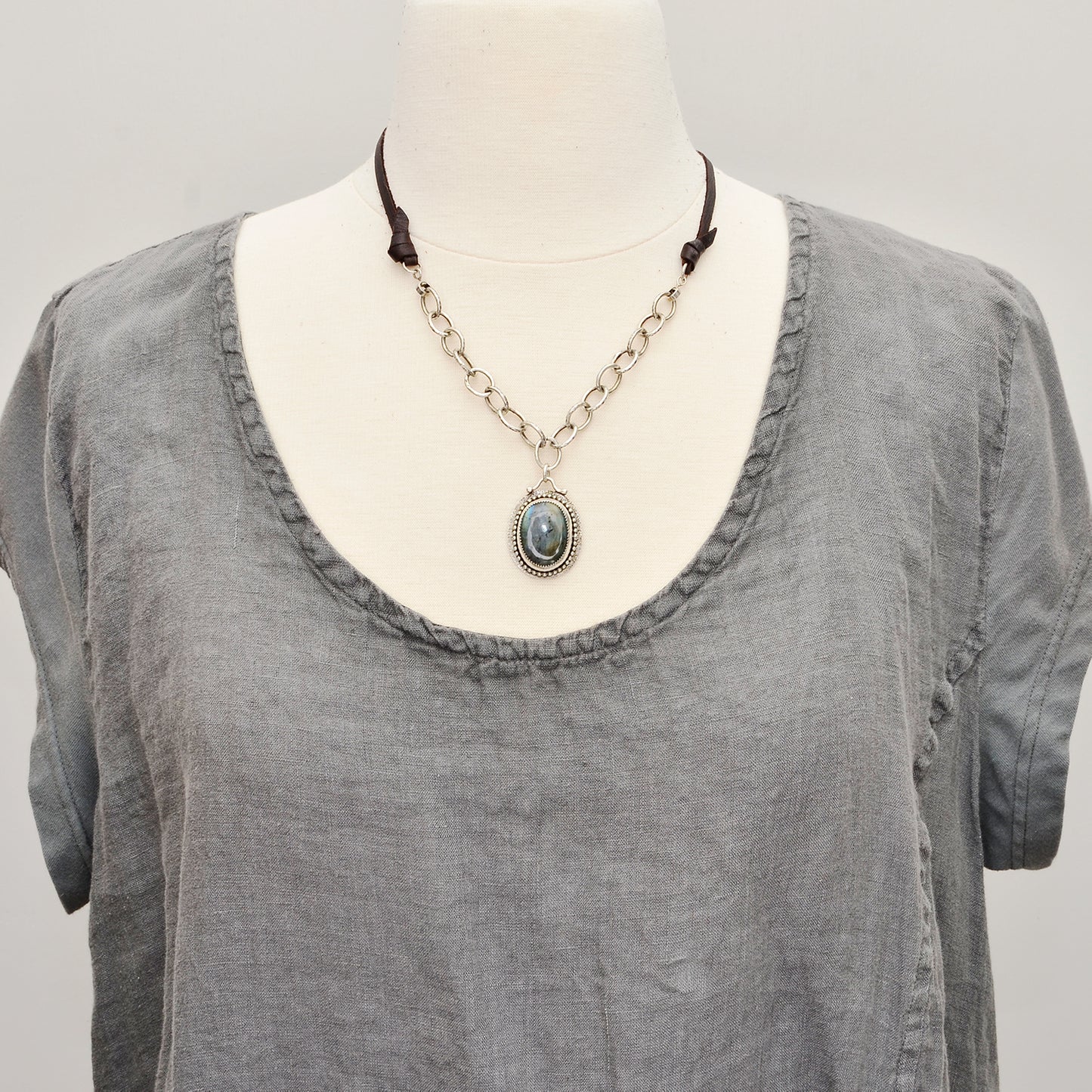 Boho style labradorite pendant necklace in a hand crafted setting of sterling silver. (N725)