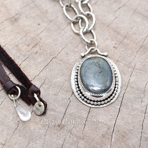 Boho style labradorite pendant necklace in a hand crafted setting of sterling silver. (N725)