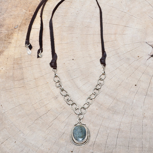 Boho style labradorite pendant necklace in a hand crafted setting of sterling silver. (N725)