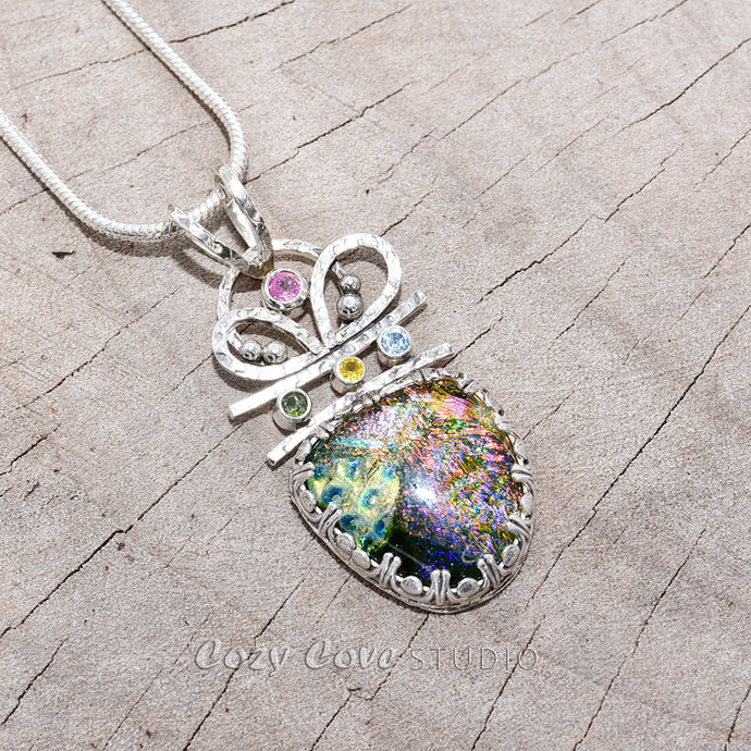 Dichoric glass pendant necklace  in a hand crafted sterling silver setting accented with sparkly cubic zirconias. (N728)