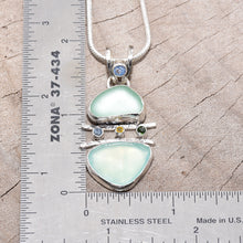 Load image into Gallery viewer, Sea glass and chalcedony pendant necklace in a hand crafted sterling silver setting accented with sparkly cubic zirconias. (N730)

