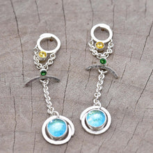 Load image into Gallery viewer, Transformation earrings with dichroic glass cabochons accented with sparkly cubic zirconias in sterling silver. (e739)
