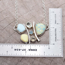 Load image into Gallery viewer, Milk glass and enamel necklace with semi-precious gemstones in a hand crafted setting of tarnish resistant sterling silver. (N740)
