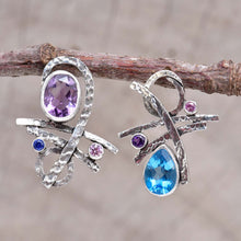 Load image into Gallery viewer, Artisan gemstone earrings with blue topaz and purple amethyst in handcrafted settings of sterling silver (E741)
