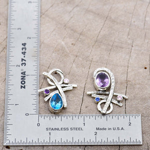Artisan gemstone earrings with blue topaz and purple amethyst in handcrafted settings of sterling silver (E741)