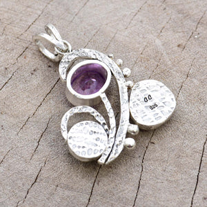 Artisan gemstone pendant necklace with fluorite, amethyst and sea glass in handcrafted setting of sterling silver (N742)