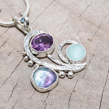 Load image into Gallery viewer, Artisan gemstone pendant necklace with fluorite, amethyst and sea glass in handcrafted setting of sterling silver (N742)
