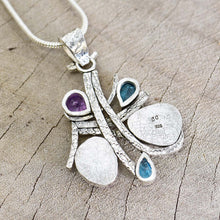 Load image into Gallery viewer, Artisan gemstone pendant necklace with fluorite, amethyst and blue topaz in handcrafted setting of sterling silver (N743)
