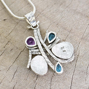 Artisan gemstone pendant necklace with fluorite, amethyst and blue topaz in handcrafted setting of sterling silver (N743)