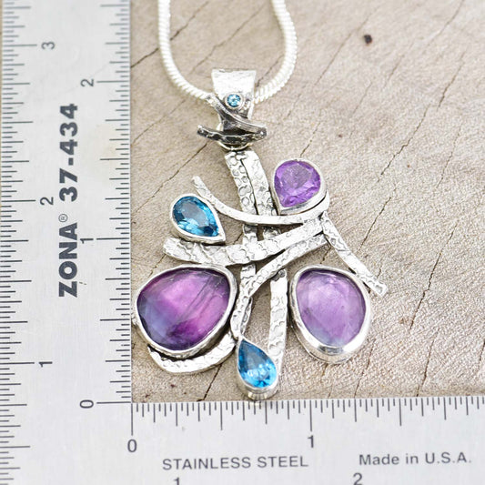 Artisan gemstone pendant necklace with fluorite, amethyst and blue topaz in handcrafted setting of sterling silver (N743)