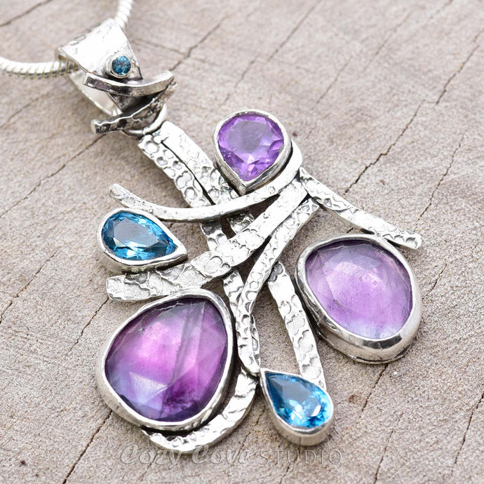 Artisan gemstone pendant necklace with fluorite, amethyst and blue topaz in handcrafted setting of sterling silver (N743)