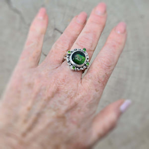 Statement ring with fused glass cabochon in a handcrafted sterling silver setting (R746)