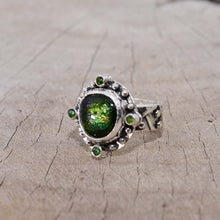 Load image into Gallery viewer, Statement ring with fused glass cabochon in a handcrafted sterling silver setting (R746)
