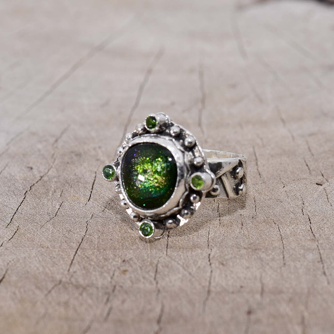 Statement ring with fused glass cabochon in a handcrafted sterling silver setting (R746)