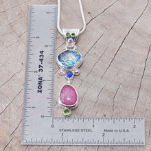 Load image into Gallery viewer, Dichroic glass pendant necklace in shades of blue and pink accented with semi-precious lapis lazuli and sparkly cubic zirconias. (N749)
