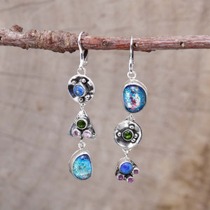 Dichroic glass dangle earrings  accented with semi-precious lapis lazuli and sparkly cubic zirconias. (E750)